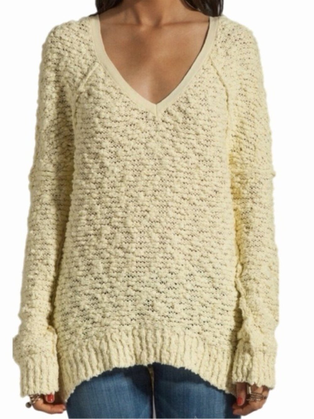 Free People Songbird Yellow Soft Boucle Vneck Sweater XS Pastel Coastal Boho
